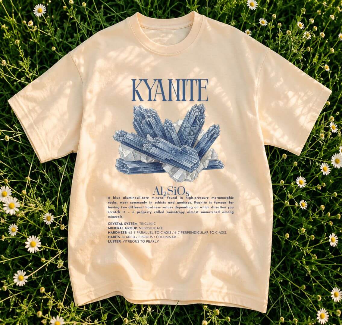A cream-colored short-sleeve t-shirt with a blue graphic of a crystal cluster and the text 'KYANITE, laid flat on a background of green grass and small white daisies.